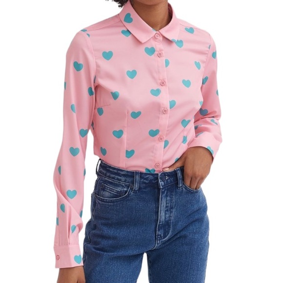 Lazy Oaf Heart Print Button Up Shirt Blouse 12 Pink Blue Girly Feminine Love - Picture 2 of 8